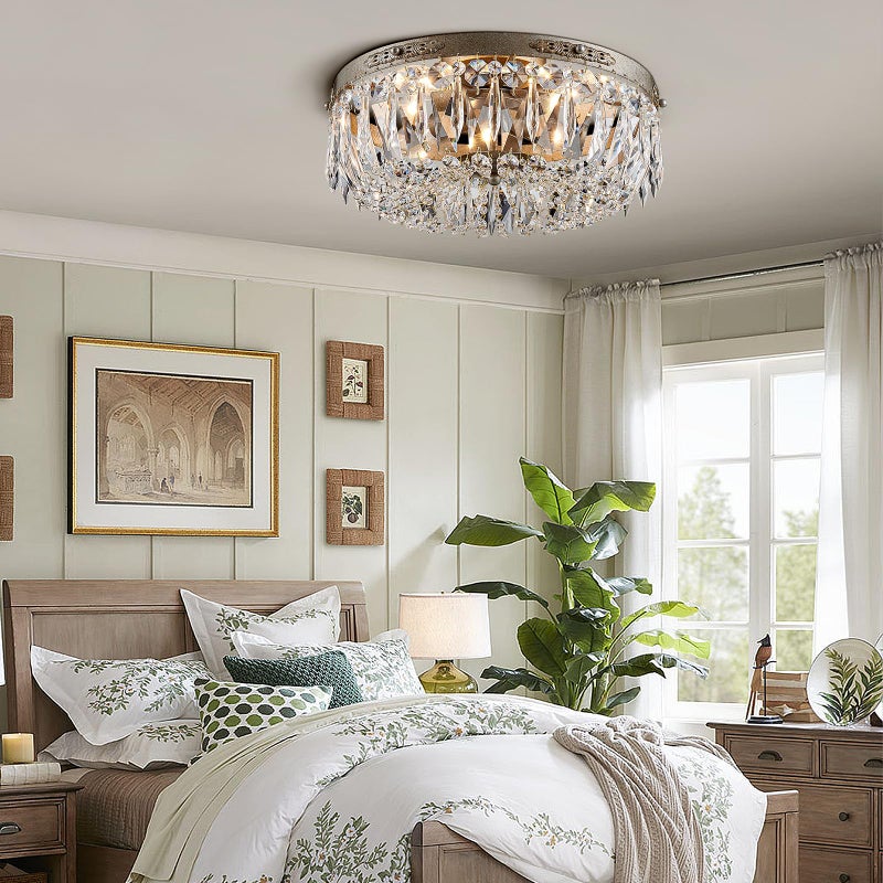 Bestier Antique Silver French Empire Crystal Semi Flush Mount Chandelier Lighting LED Ceiling Light Fixture Lamp for Dining Room Bathroom Bedroom Livingroom 4 E12 Bulbs Required D14 in X H8 in - Image 2